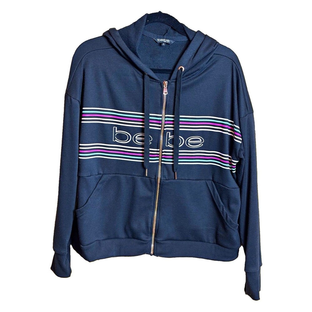 Bebe Women’s 1X Black Striped Full Zip Hooded Jacket Y2K 90’s